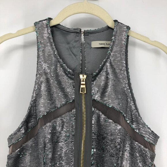Three Floor Shine On Sequin Dress in Silver Mint Zippers + Mesh Cutouts size 6 - Picture 6 of 16